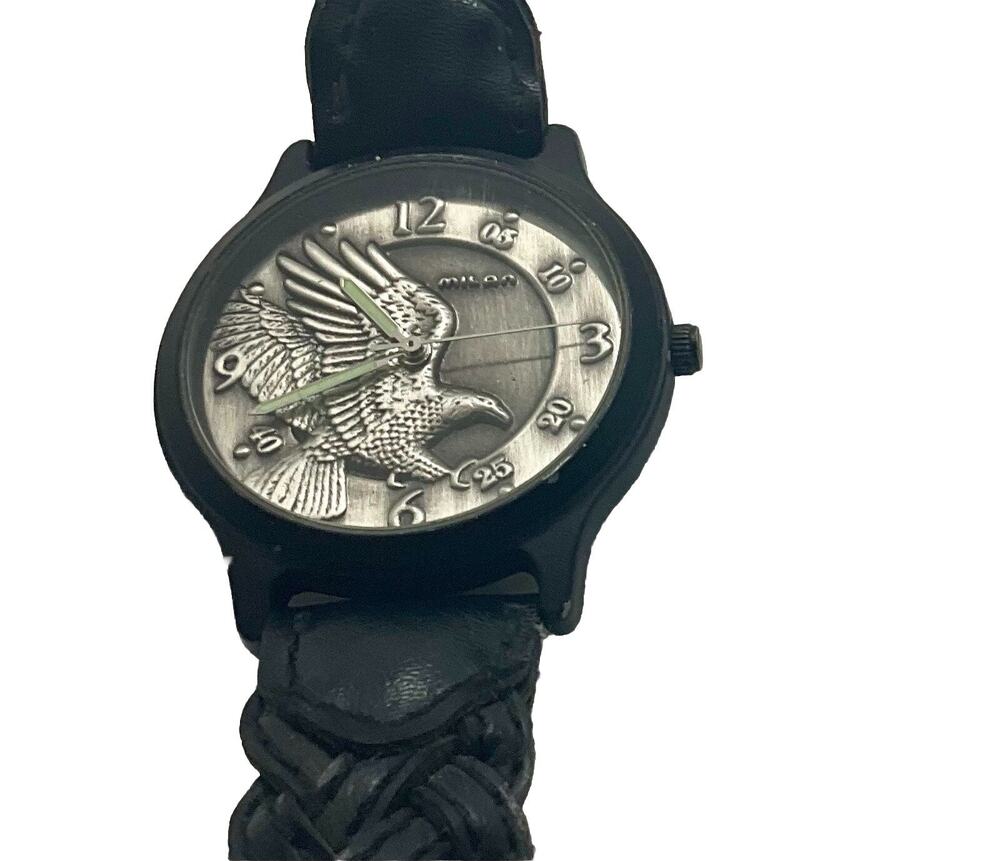 Vintage Milan Men’s Watch 3-D Eagle 34mm Braided Leather Band And Glowing Hands